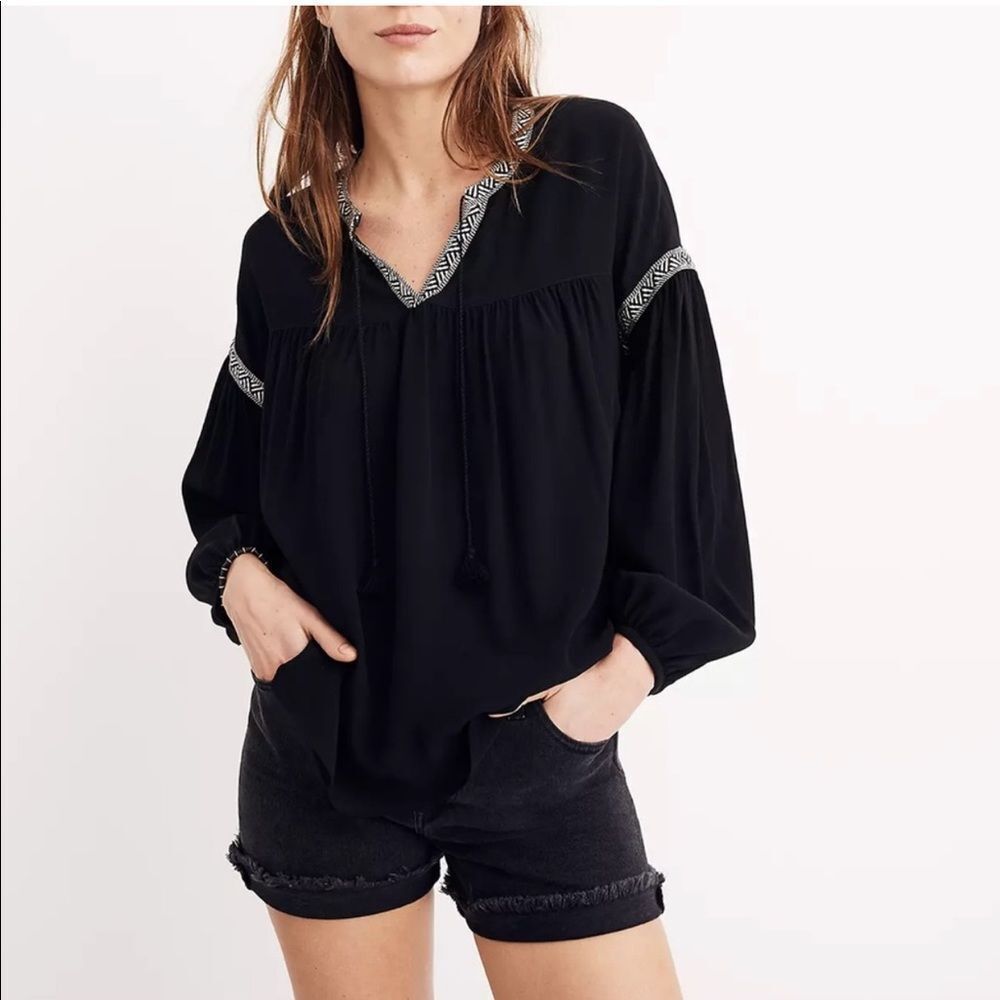 Madewell Black Embroidered Blouson-Sleeve Peasant Tassel Top